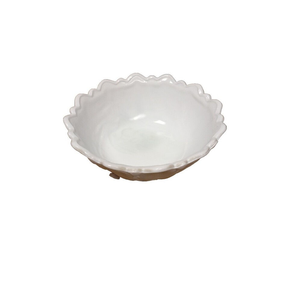 Vintage Round Scalloped Edge Footed Milk Glass Serving Bowl w/Leaf Pattern